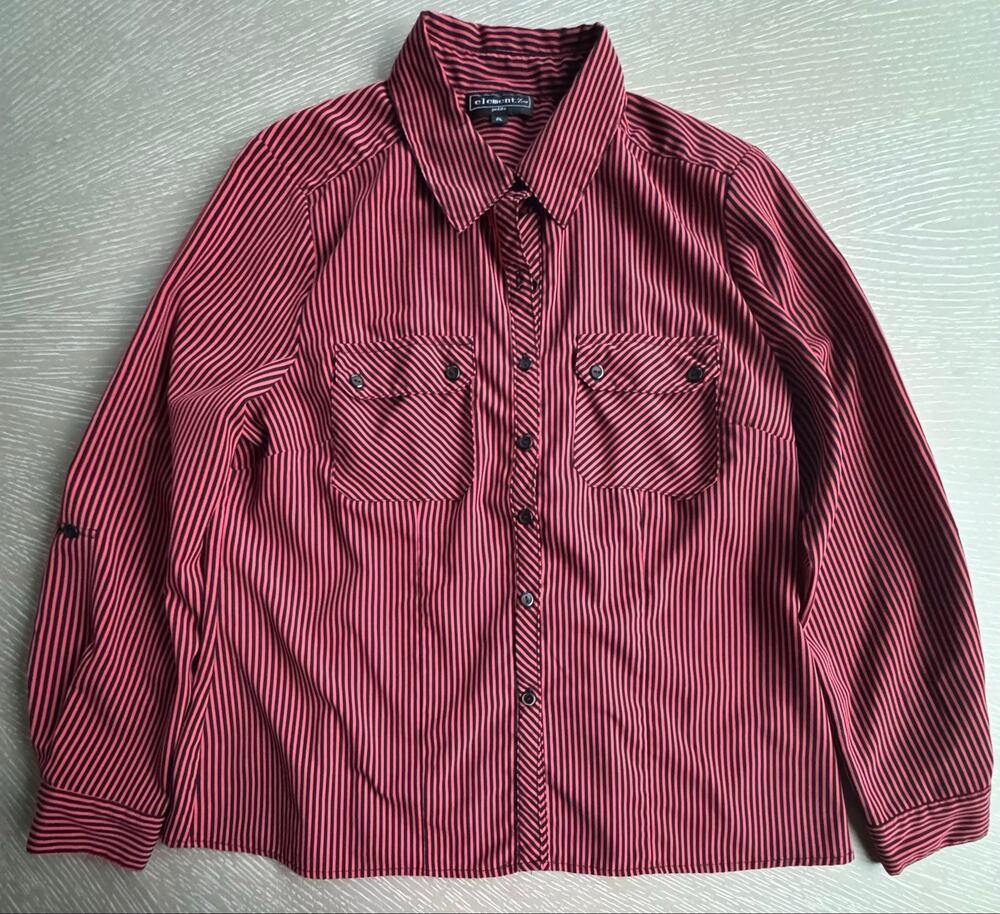 Elementz Red/Orange & Black Striped Button-Down Utility Blouse Petite Large (PL)